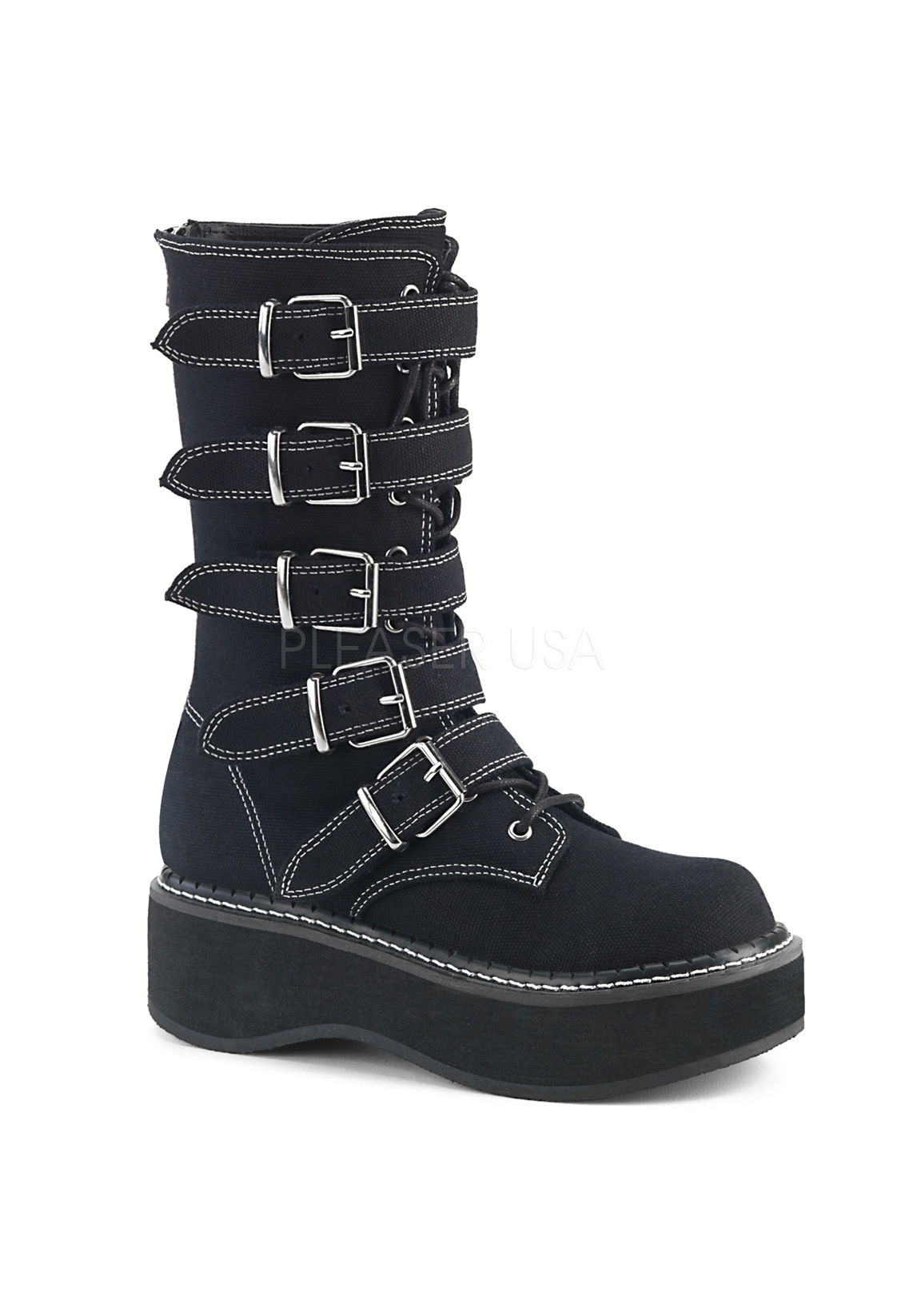 Demonia EMILY-341 2 Platform Mid-Calf Stiefel With 5 Buckle Straps, Metal Back Zip Demonia EMILY-341 2 Platform Mid-Calf Stiefel With 5 Buckle Straps, Metal Back Zip