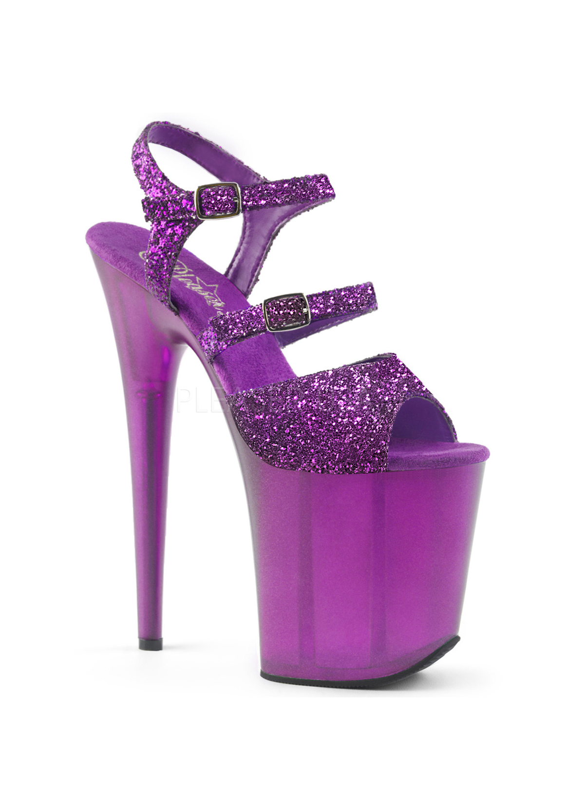 PLEASER 8" Heel Purple Glitter Platform Ankle Strap Black Sandals Women's Shoes