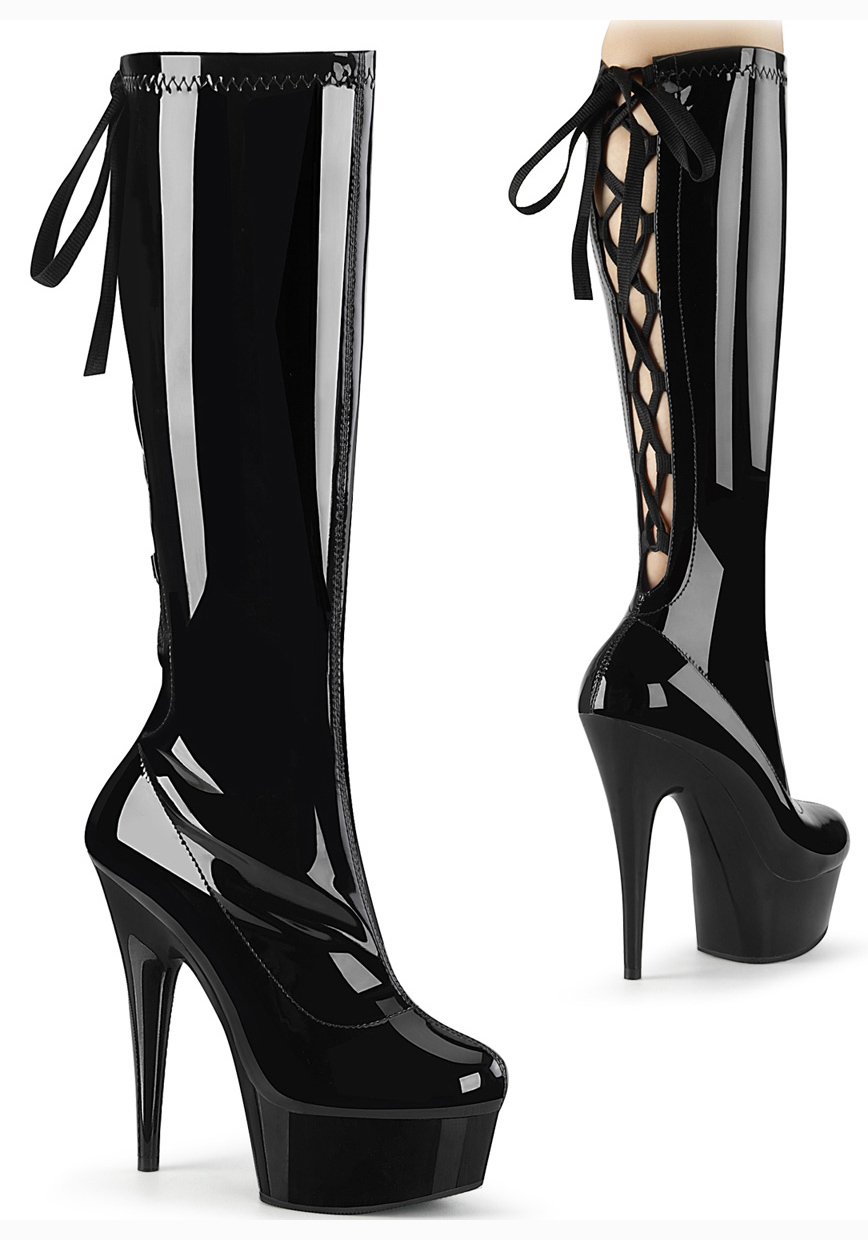 Stivali alti ginocchio plateau Pleaser DELIGHT-2029 6"" tacco, 1 3/4"" plateau con pizzo posteriore - Foto 2 di 6